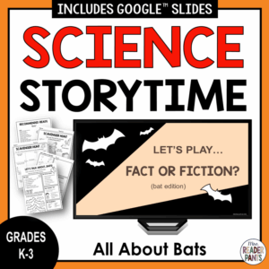 Fact or fiction slide on monitor with recommended reads and scavenger hunts with text: Science Storytime; Grades K-3.