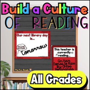 Bulletin board with red and white library signs and text: Build a Culture of Reading; All Grades.