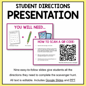 Student directions slides with text: 9 easy to follow slides presentation.