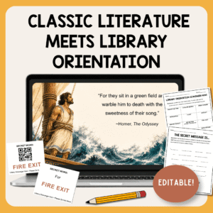 Sample slide on laptop with editable printable scavenger hunt, secret message, and text: Classic literature meets library orientation.