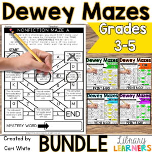 Dewey call number maze activity with 4 mazes for fall, winter, spring, and anytime with text: Grades 3-5.