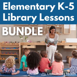Librarian reading to elementary students who are sitting on a floor carpet, with text: Elementary K-5 Library Lessons Bundle.