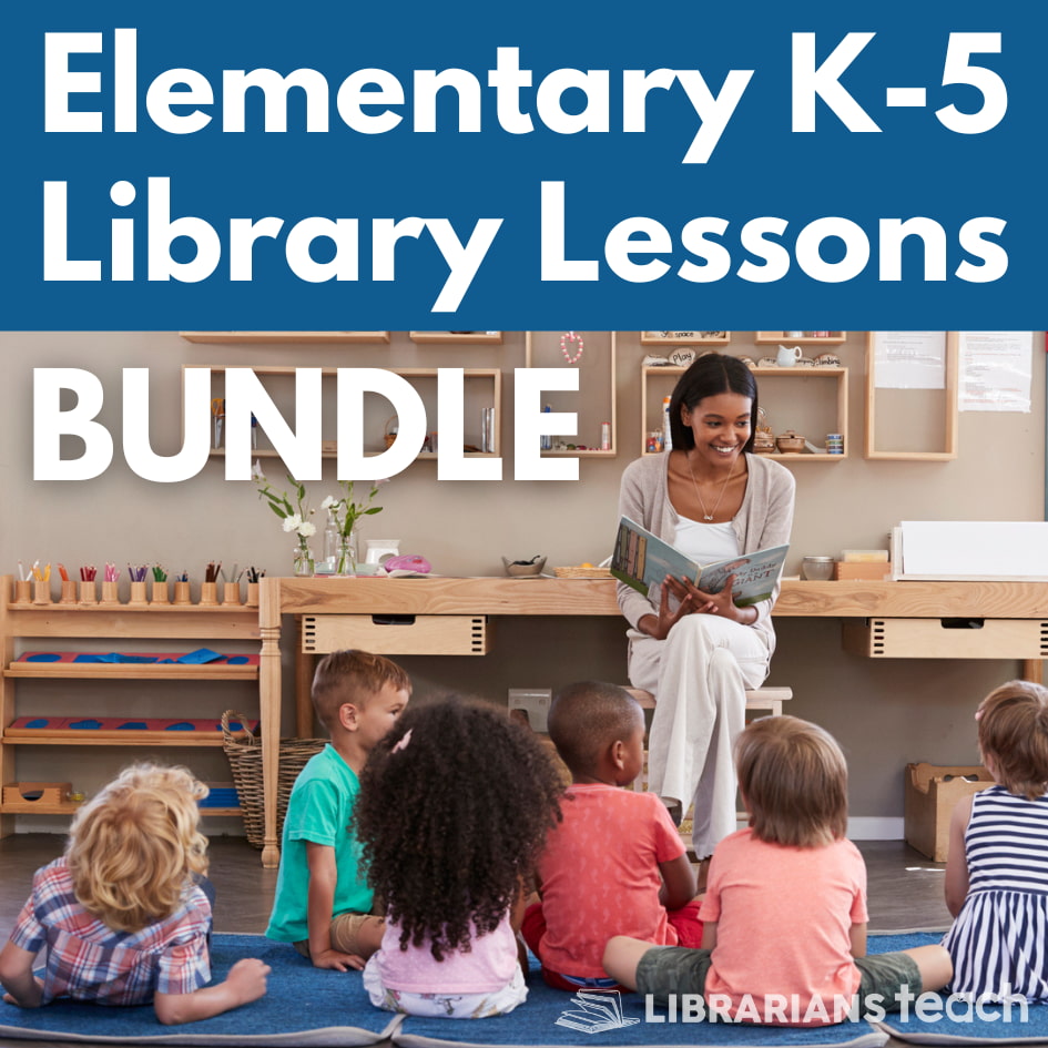Librarian reading to elementary students who are sitting on a floor carpet, with text: Elementary K-5 Library Lessons Bundle.