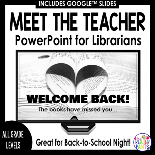 Welcome back slide on a computer screen with text: Meet the Teacher PowerPoint for Librarians; Great for Back to School Night; All Grade Levels.