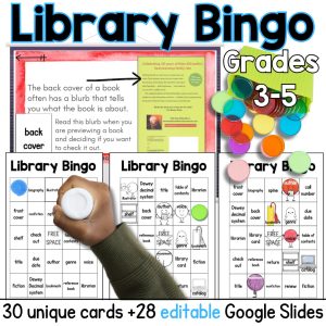 Student hand with a dot dauber marking 1 of 3 bingo cards with bingo chips and text: 30 unique cards plus 28 editable Google Slides; Grades 3-5.
