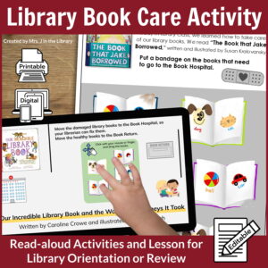 Read aloud activities on a paper and on a tablet with text: Library book care activity, Read-aloud activities and lesson for library orientation or review.