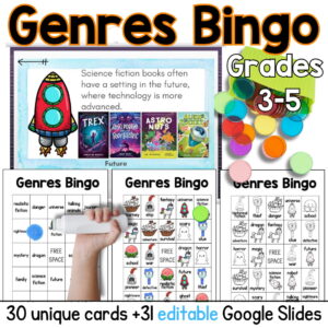 Student hand with a dot dauber marking 1 of 3 bingo cards with bingo chips and text: 30 unique cards plus 31 editable Google Slides; Grades 3-5.