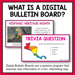 Hispanic Heritage Month and trivia question slides with text, What is a digital bulletin board?