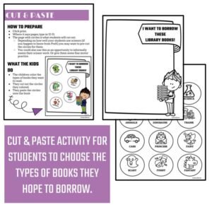 Printable cut and paste activities for students to choose the types of books they hope to borrow.