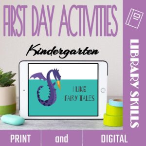 "I like fairy tales" slide on tablet screen with text: Kindergarten library skills, print and digital.