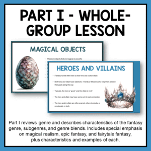 Part 1 Whole Group Lesson with slide images. Part 1 reviews genre and describes characteristics of the fantasy genre, subgenres, and genre blends.