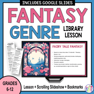 Grades 6-12 Fantasy Genre Library Lesson with Lesson and Scrolling Slideshow and Bookmarks. Image of bookmarks and sample slide.
