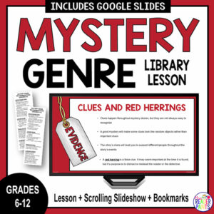 Clues and red herrings slide with text: Grades 6-12; Lessons, Scrolling Slideshow, Bookmarks.