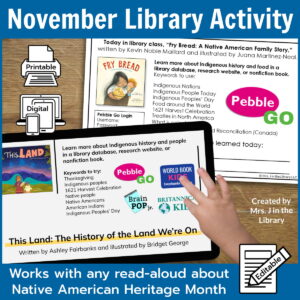 Research activity on a printed half-sheet and on a tablet with text: November Library Activity, Works with any read-aloud about Native American Heritage Month.