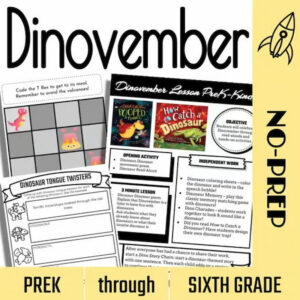 No-prep Dinovember for PreK through Sixth Grade with product images.