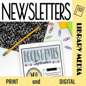 Print and digital library media newsletters with product image.