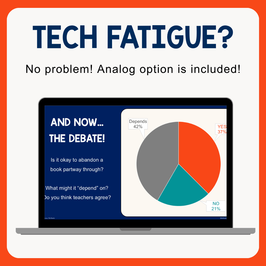 Debate slide with text: Tech Fatigue? No problem; analog option is included.