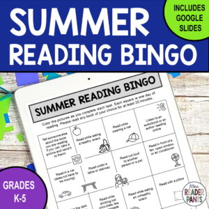 Bingo squares sheet with text: includes Google Slides, Grades K-5.