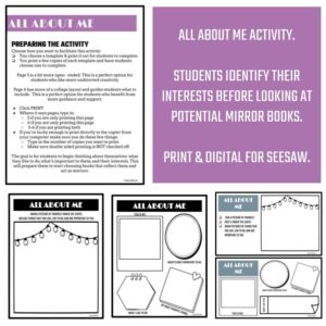 All About Me activity pages with text: Students identify their interests before looking at potential mirror books; print and digital for SeeSaw.