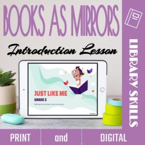 Just Like Me slide on a tablet screen with text: Introduction Lesson, library skills, print and digital.