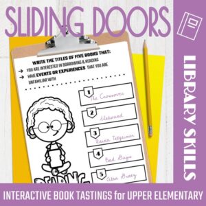 Interactive book tasting activity for upper elementary, on a clipboard with text: Library Skills.