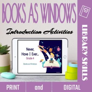 Never Have I Ever activity slide on a tablet screen with text: Introduction Lesson, library skills, print and digital.