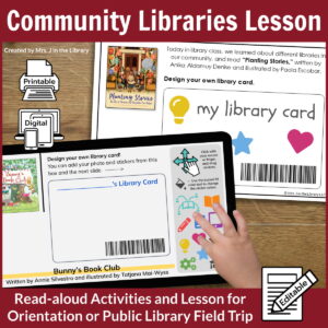 Read aloud activities on a paper and on a tablet with text: Community libraries lesson and read-aloud activities and lesson for orientation or public library field trip.