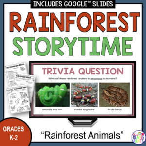 Trivia question slide on monitor with printable scavenger hunts and text: Grades K-2.