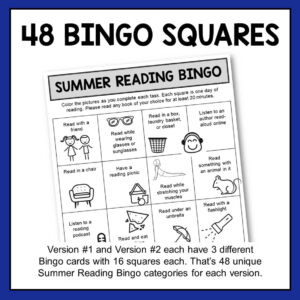 Pictures and text version of bingo cards with text: 3 different Bingo cards with 16 squares each.