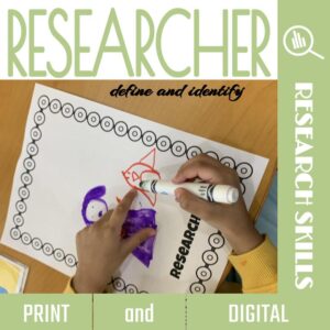 Student hands holding a marker with text: define and identify Researcher; research skills; print and digital.