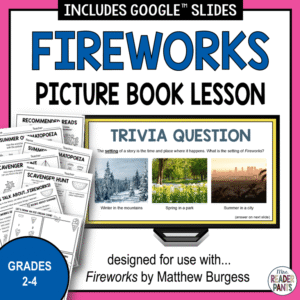 Trivia questions slide on monitor next to printables and text: Grades 2-4; Designed for use with Firework by Matthew Burgess.