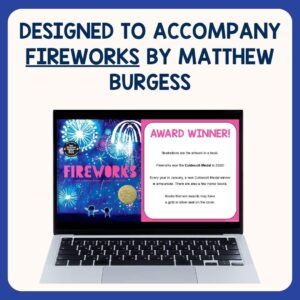 Award winner slide with text: Designed to accompany Fireworks by Matthew Burgess.