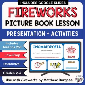 Onomatopoeia slide on monitor with text: Presentation and activities; Includes America 250, low-prep, interactive, Grades 2-4, use with the book Fireworks by Matthew Burgess.