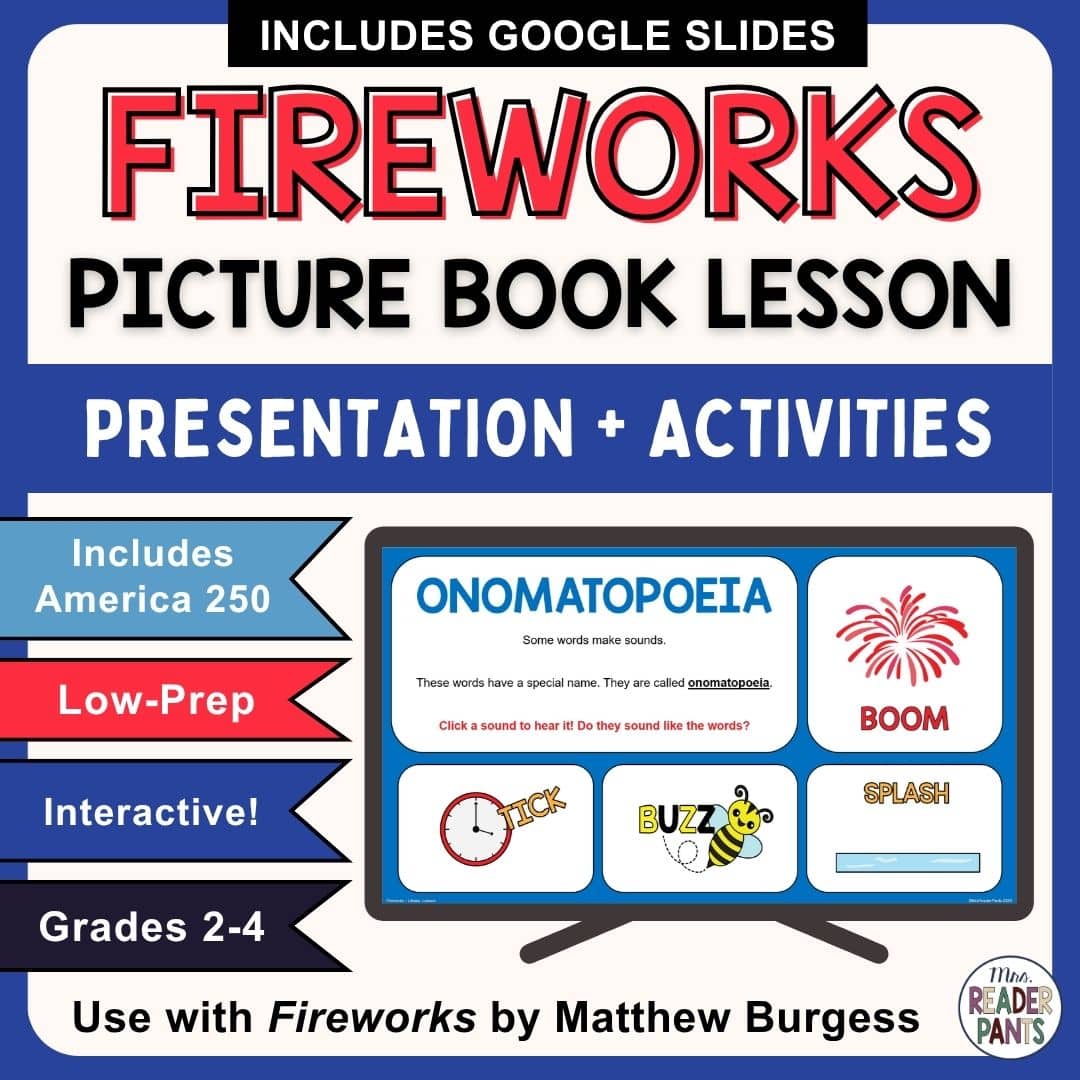Onomatopoeia slide on monitor with text: Presentation and activities; Includes America 250, low-prep, interactive, Grades 2-4, use with the book Fireworks by Matthew Burgess.