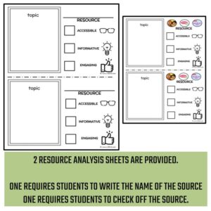 2 research source analysis printable sheets with text: One requires students to write the name of the source; One requires students to check off the source.