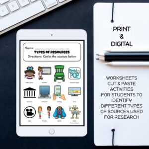 Cut and paste activity on a tablet screen with text: print and digital worksheets cut & paste activities for students to identify different types of sources used for research.