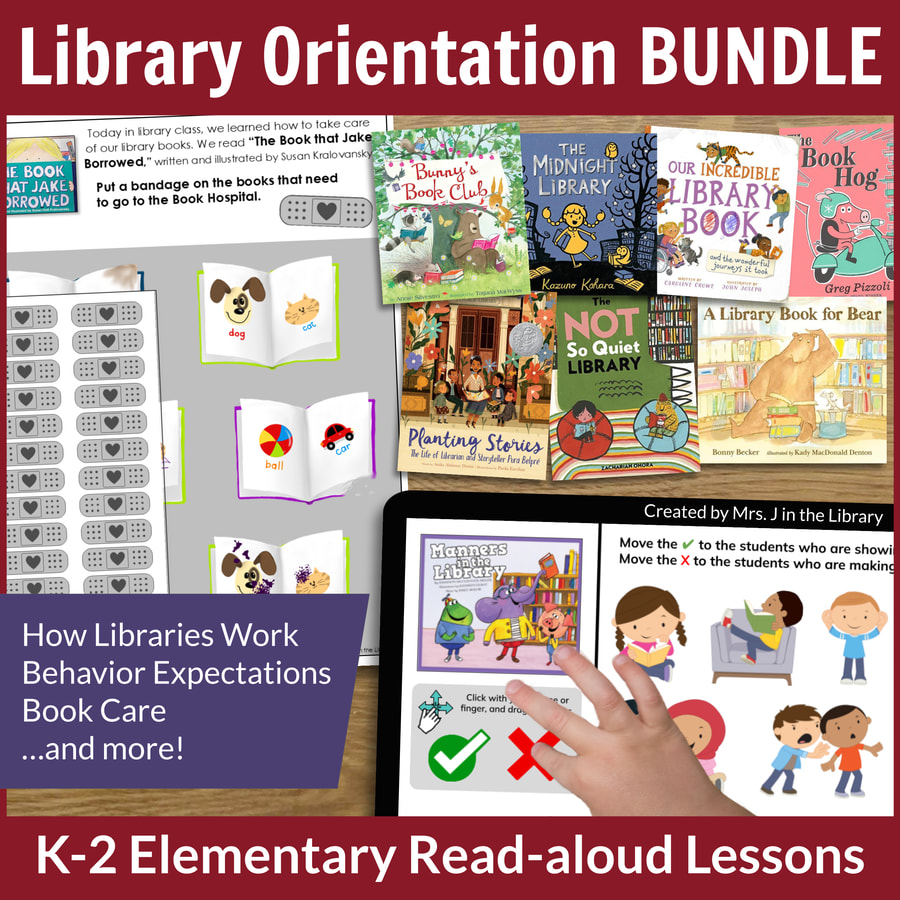 Print and digital activities with 7 picture books and text: Library Orientation Bundle; How libraries work, behavior expectations, book care, and more; K-2 Elementary Read-aloud Lessons.