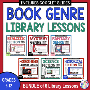 Covers of 6 genre lessons bundle with text: Grades 6-12.