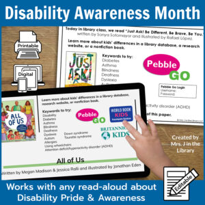 Research activity on a printed half-sheet and on a tablet with text: Disability Awareness Month, Works with any read-aloud about disability pride and awareness.