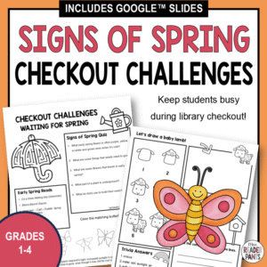 Printable activities with text: Signs of Spring Checkout Challenges, Grades 1-4.