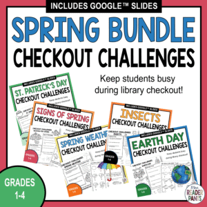 5 spring-themed checkout challenges for early finishers and to keep students busy during library checkout.