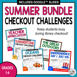 5 summer-themed checkout challenges for early finishers and to keep students busy during library checkout.