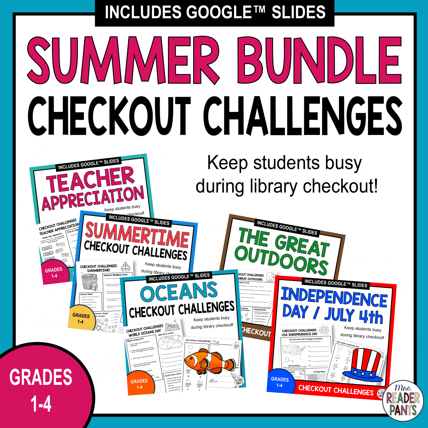 5 summer-themed checkout challenges for early finishers and to keep students busy during library checkout.