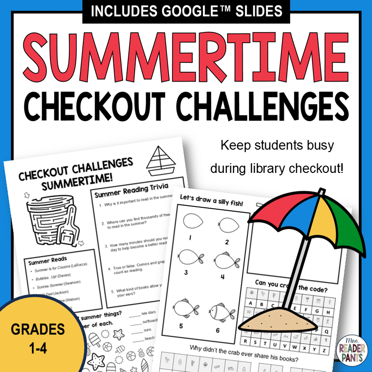Printable activities with text: Summertime Checkout Challenges, Grades 1-4.