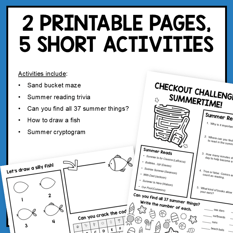 2 printable pages, 5 short activities include: sand bucket maze, summer reading trivia, find 37 summer things, how to draw a fish, cryptogram; All text is editable.