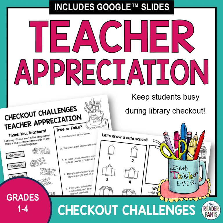Printable activities with text: Teacher Appreciation Checkout Challenges, Grades 1-4.
