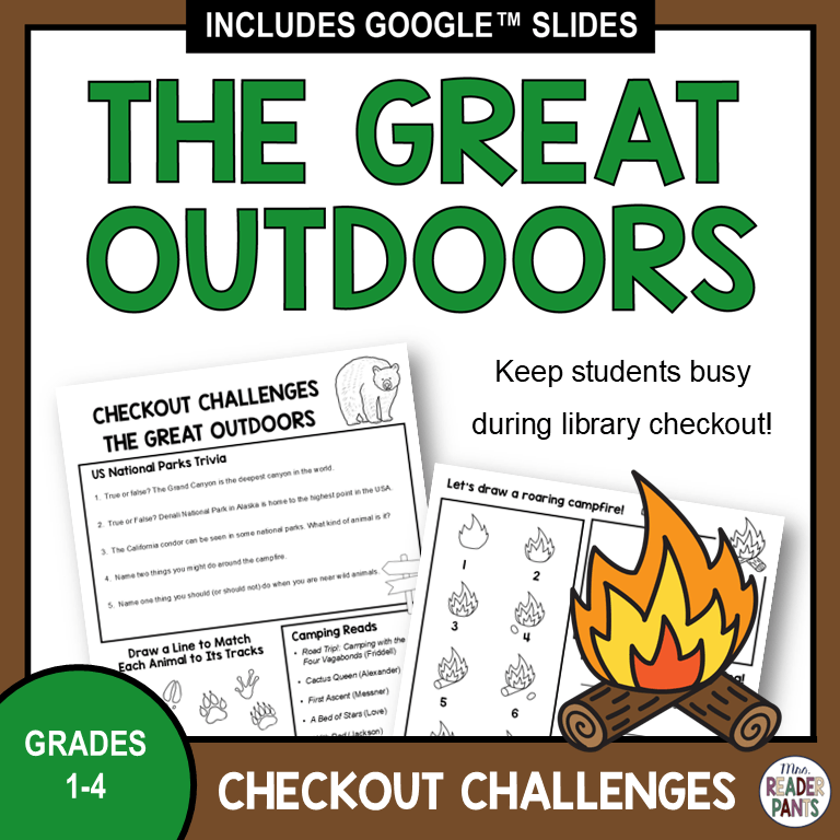 Printable activities with text: The Great Outdoors Checkout Challenges, Grades 1-4.