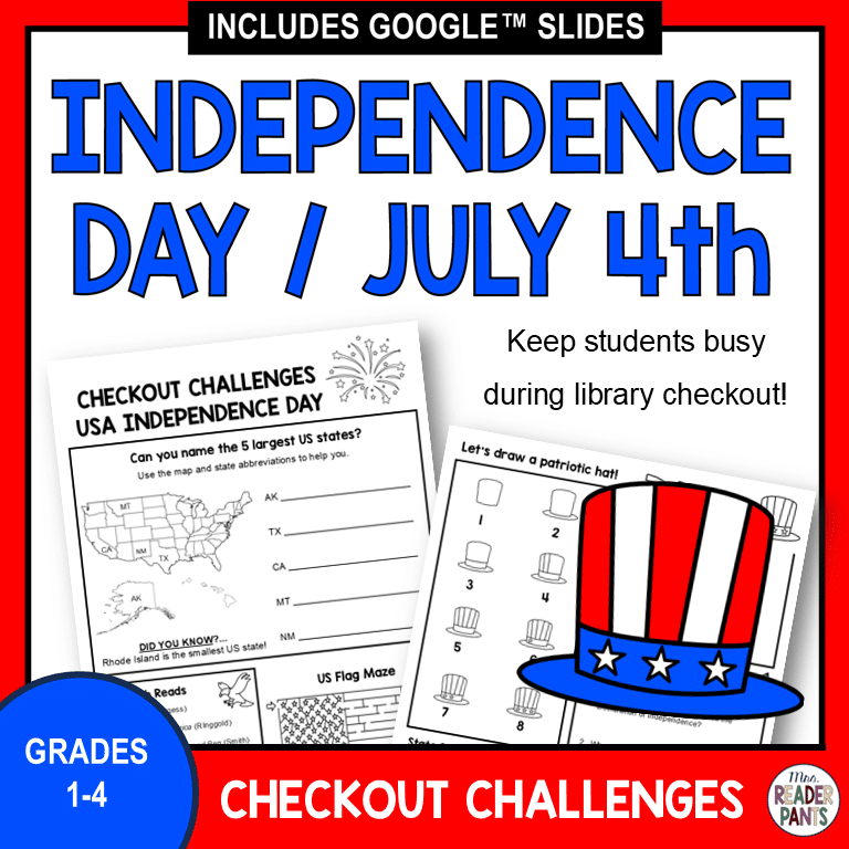 Printable activities with text: Independence Day and July 4th Checkout Challenges, Grades 1-4.