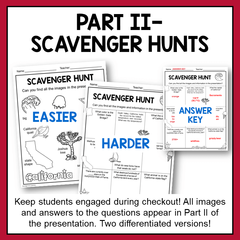 Part II - Scavenger Hunts keep students engaged during checkout. All images and answers appear in Part II of the presentation with two differentiated versions.