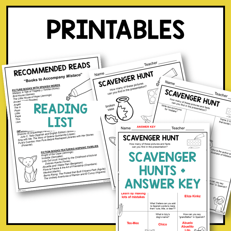 Printables with previews of Recommended Reads reading list and Scavenger Hunts and Answer Keys